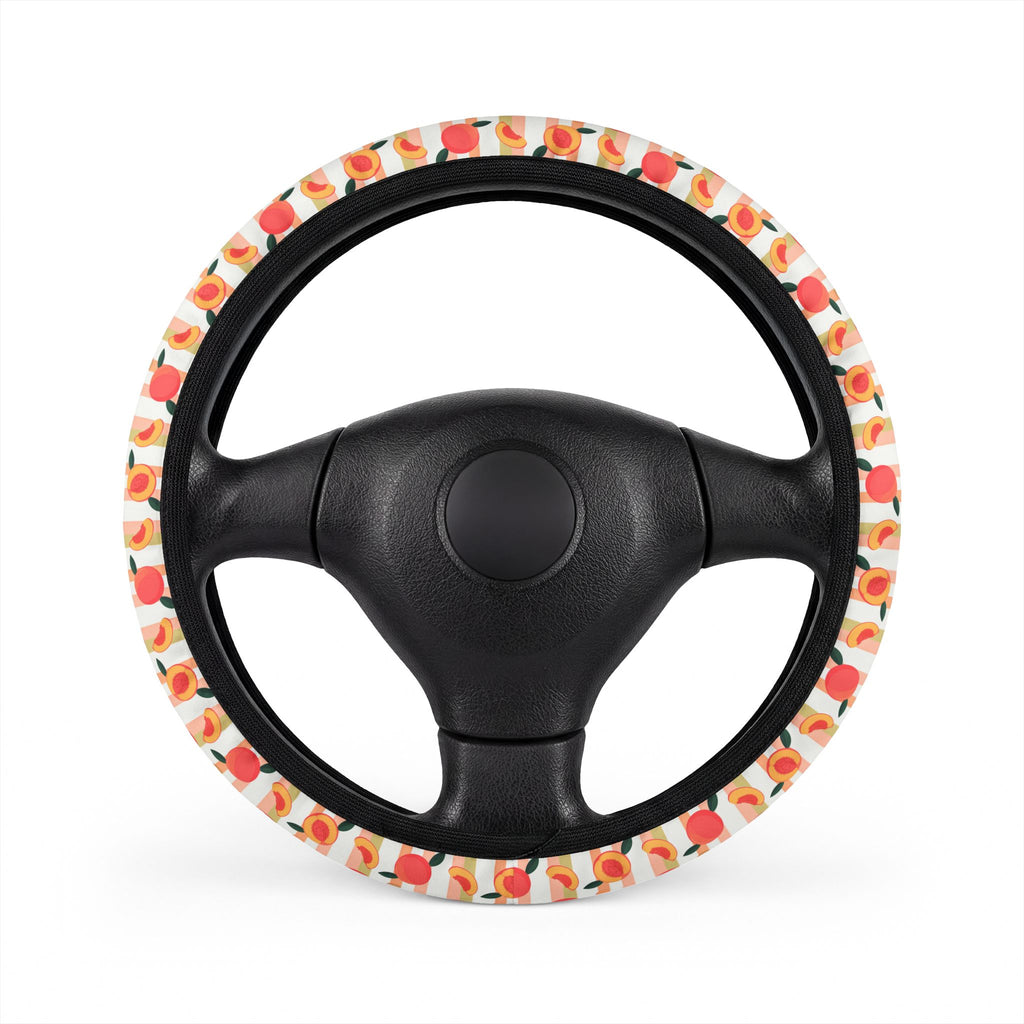 Peach fruit print steering wheel cover, on a steering wheel
