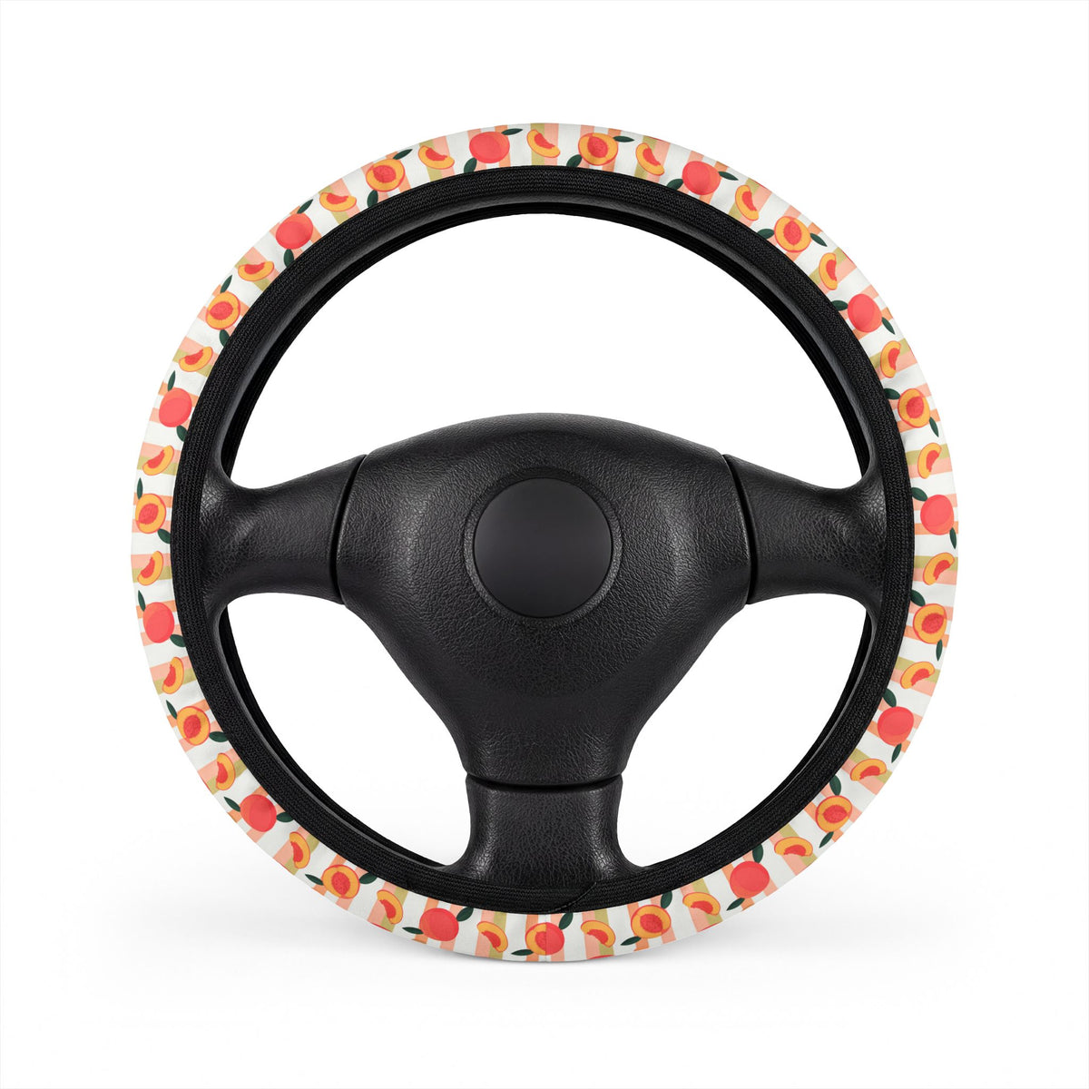 Peach fruit print steering wheel cover, on a steering wheel