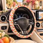 Peach fruit print steering wheel cover shown in a car interior