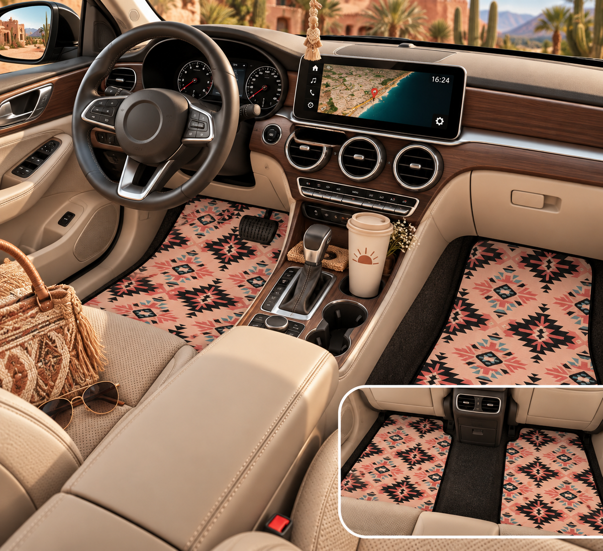 Pink aztec diamond car mats shown in a car interior