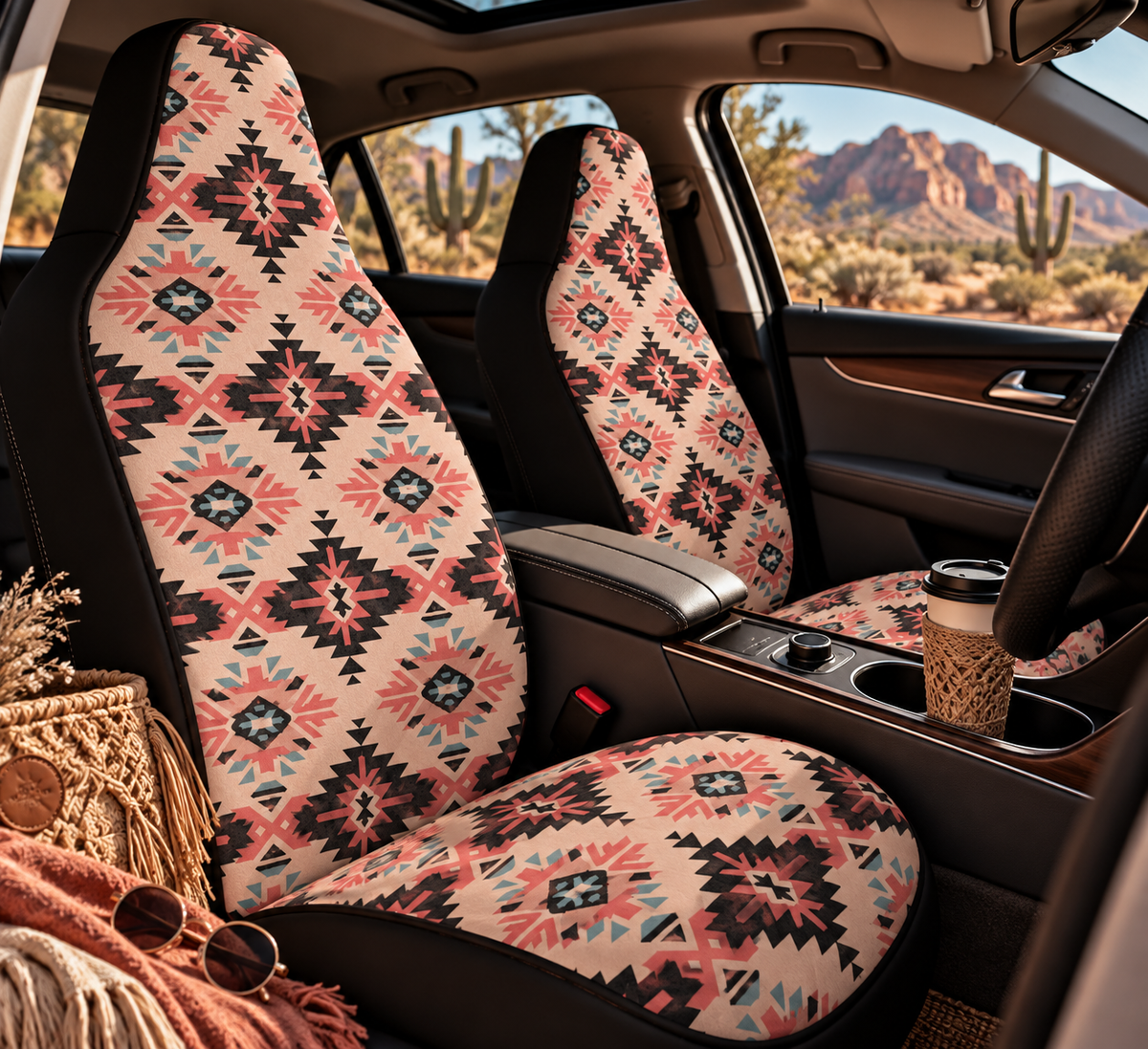 Pink aztec diamond car seat covers shown in a car interior