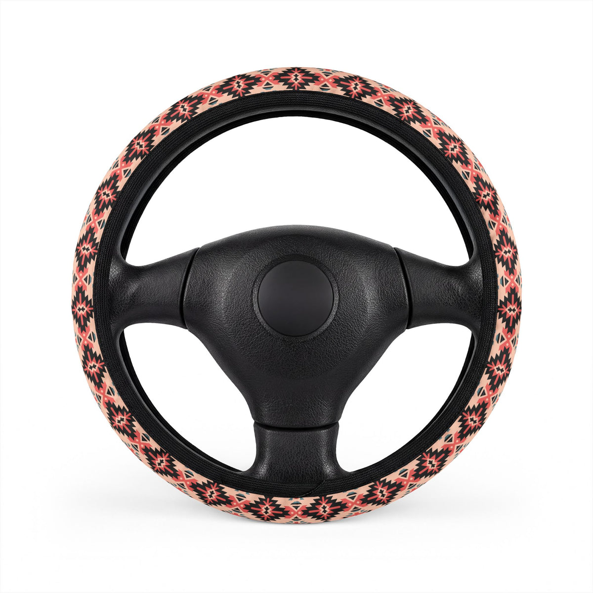 Pink aztec diamond steering wheel cover, on a steering wheel