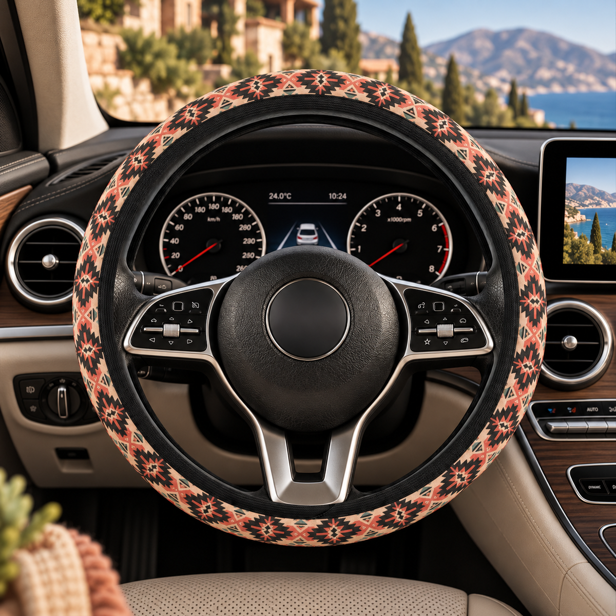Pink aztec diamond steering wheel cover shown in a car interior