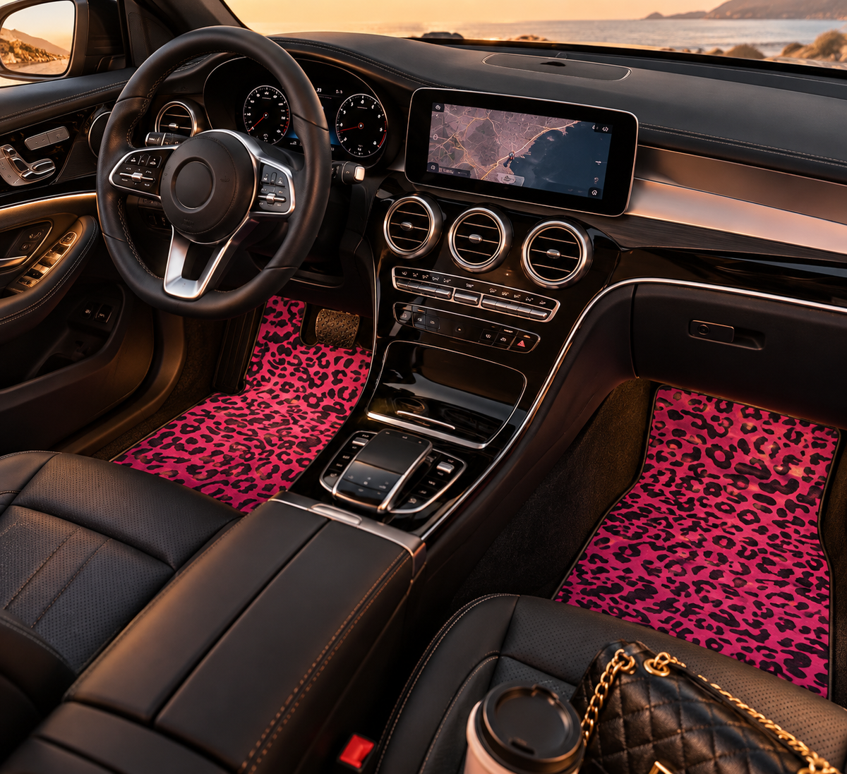 Pink black leopard print car mats shown in a car interior