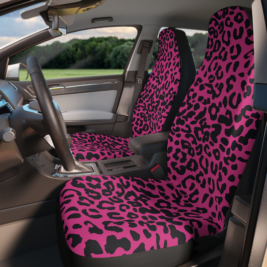 Pink black leopard print car seat covers, fitted on the front seats of a car