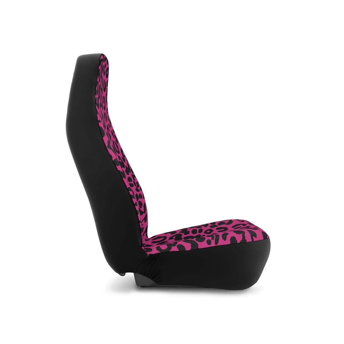 Pink black leopard print car seat covers, on a seat, side view facing right
