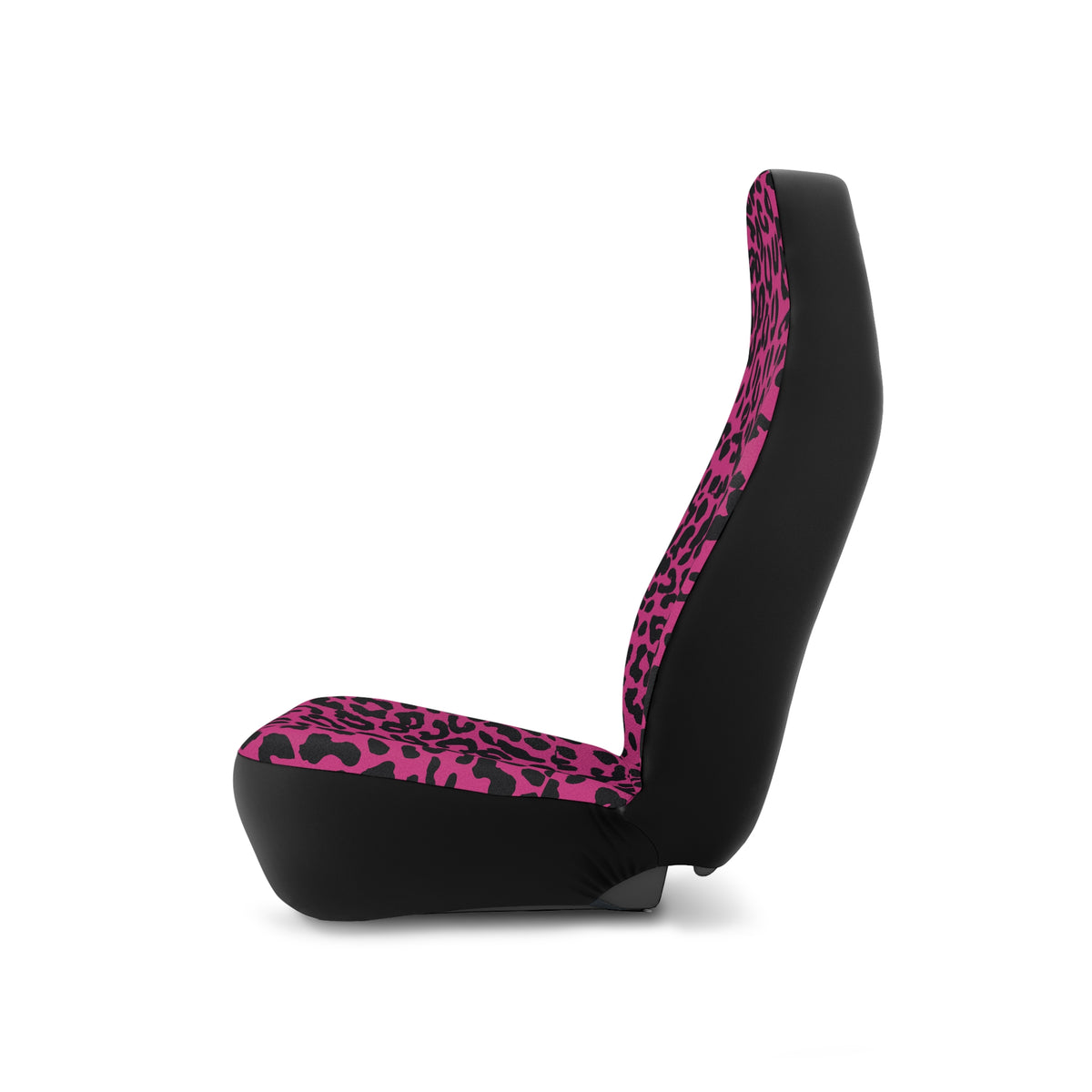 Pink black leopard print car seat covers, on a seat, side view facing left