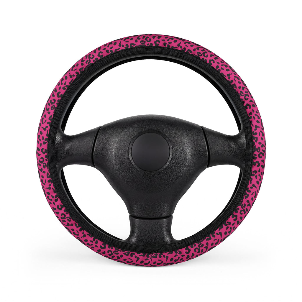 Pink black leopard print steering wheel cover, front view