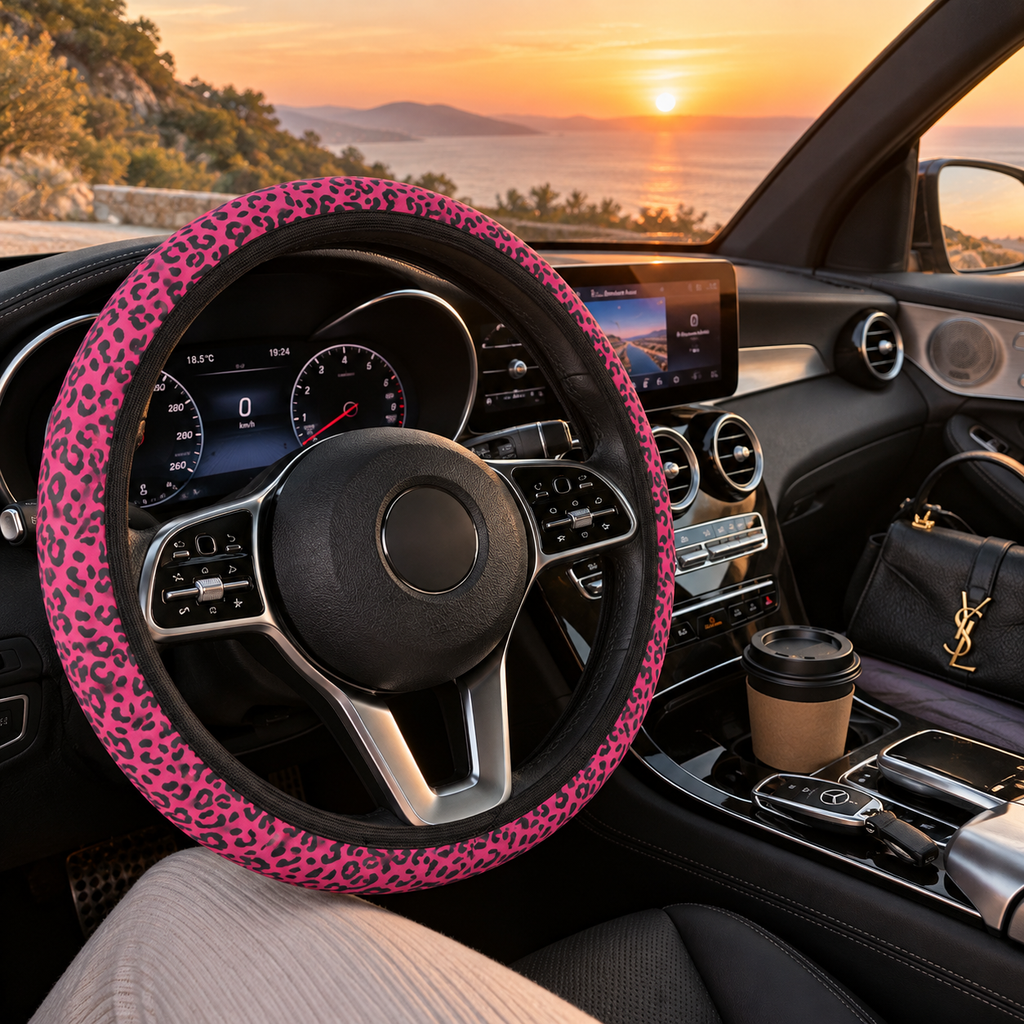 Pink black leopard print steering wheel cover shown in a car interior