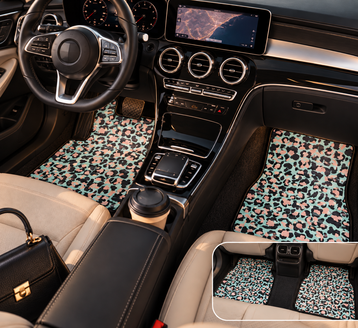 Pink blue leopard print car mats shown in a car interior