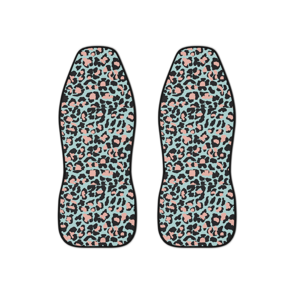 Pink blue leopard print car seat covers, set of two shown side by side