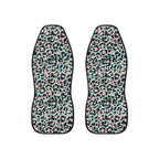 Pink blue leopard print car seat covers, set of two shown side by side
