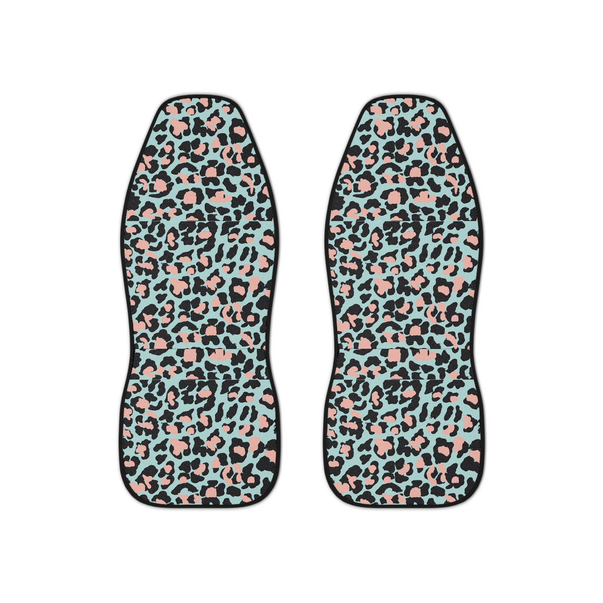 Pink blue leopard print car seat covers, set of two shown side by side