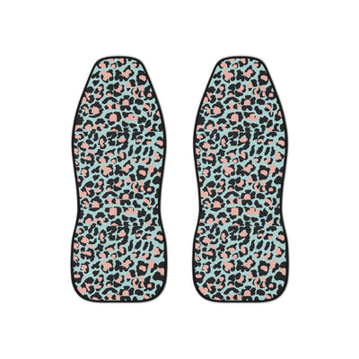 Pink blue leopard print car seat covers, set of two shown side by side