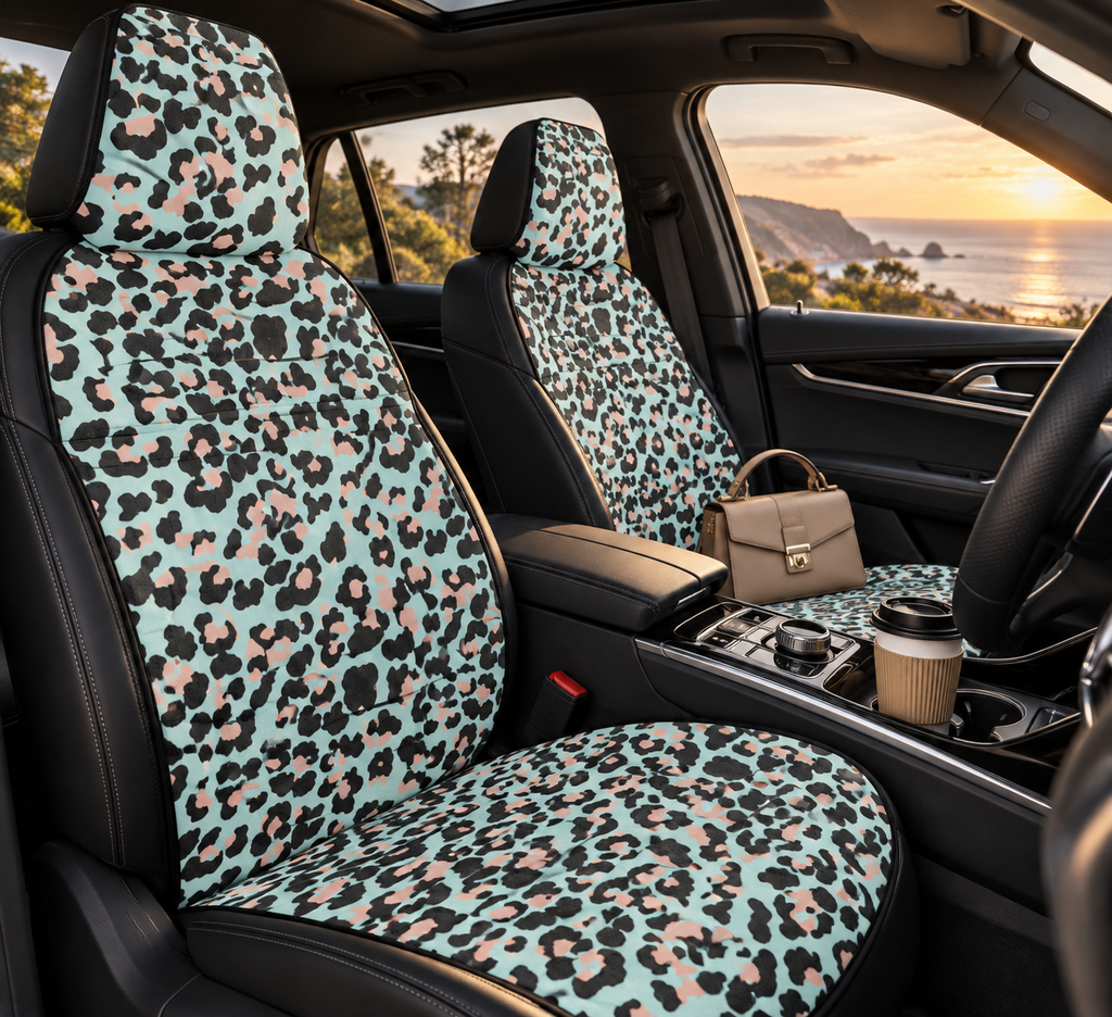 Pink blue leopard print car seat covers shown in a car interior