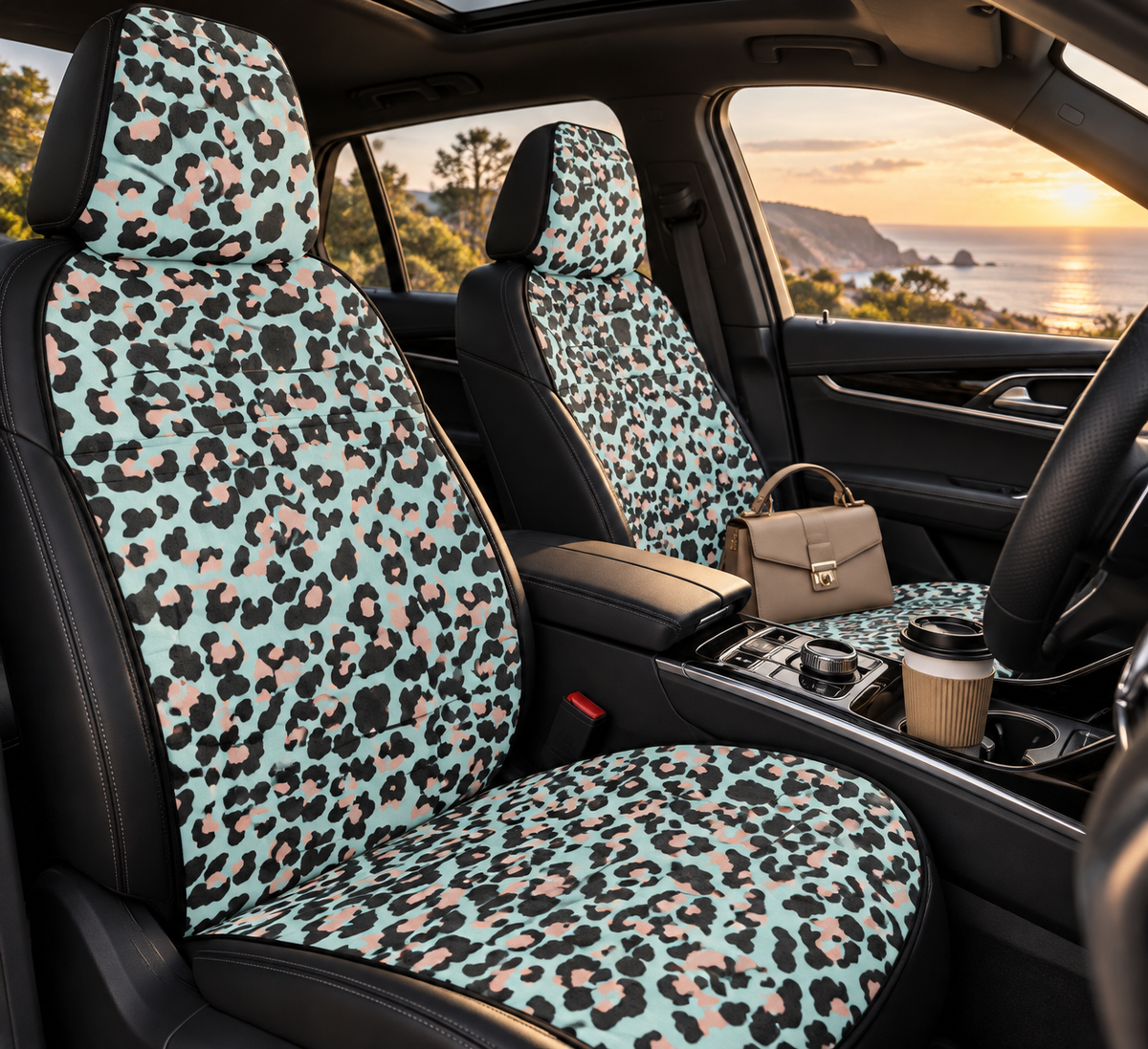 Pink blue leopard print car seat covers shown in a car interior