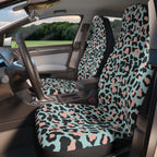 Pink blue leopard print car seat covers, fitted on the front seats of a car