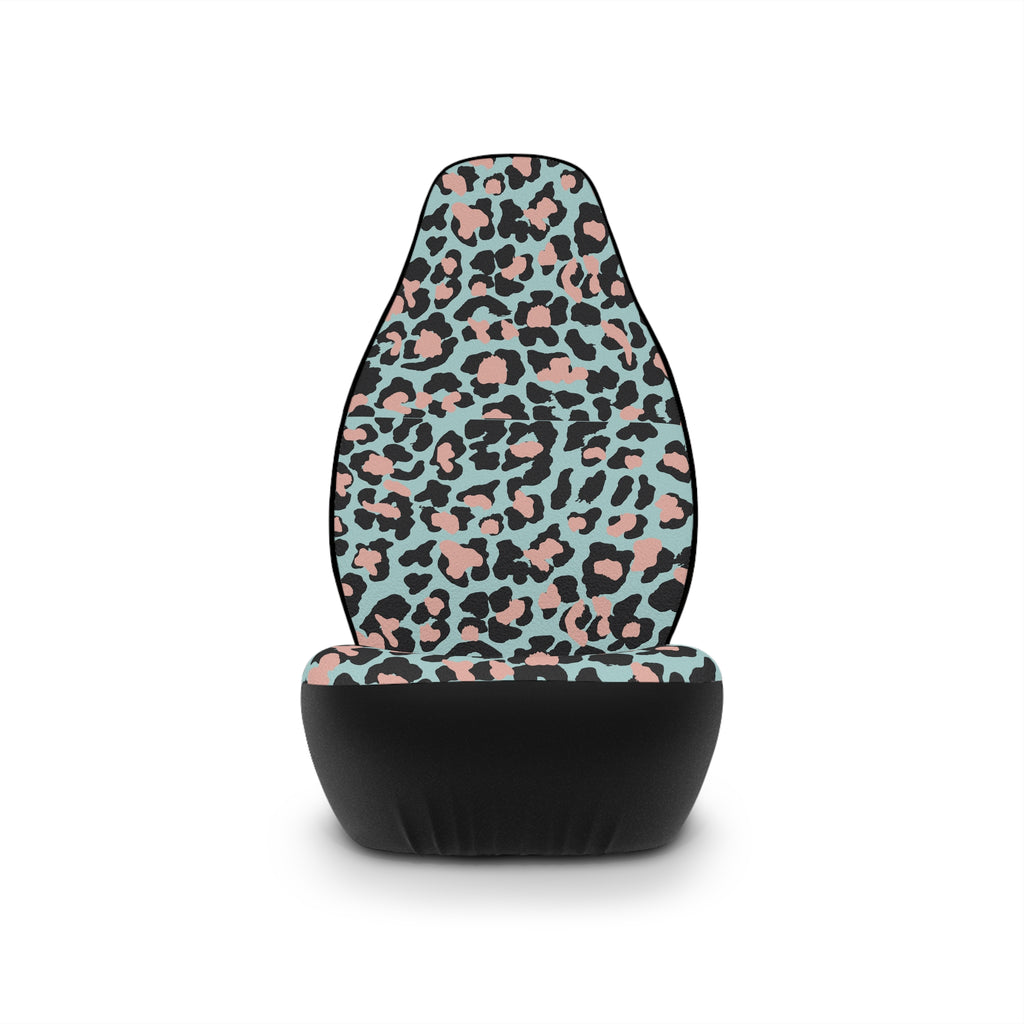 Pink blue leopard print car seat covers, single cover on a seat, front view