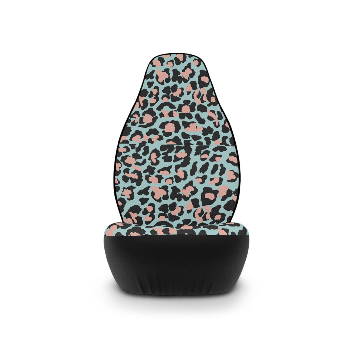 Pink blue leopard print car seat covers, single cover on a seat, front view