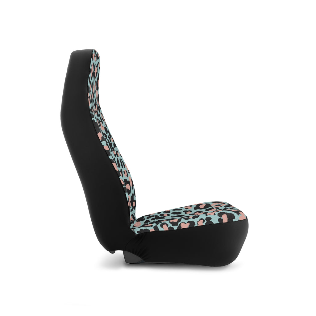 Pink blue leopard print car seat covers, on a seat, side view facing right