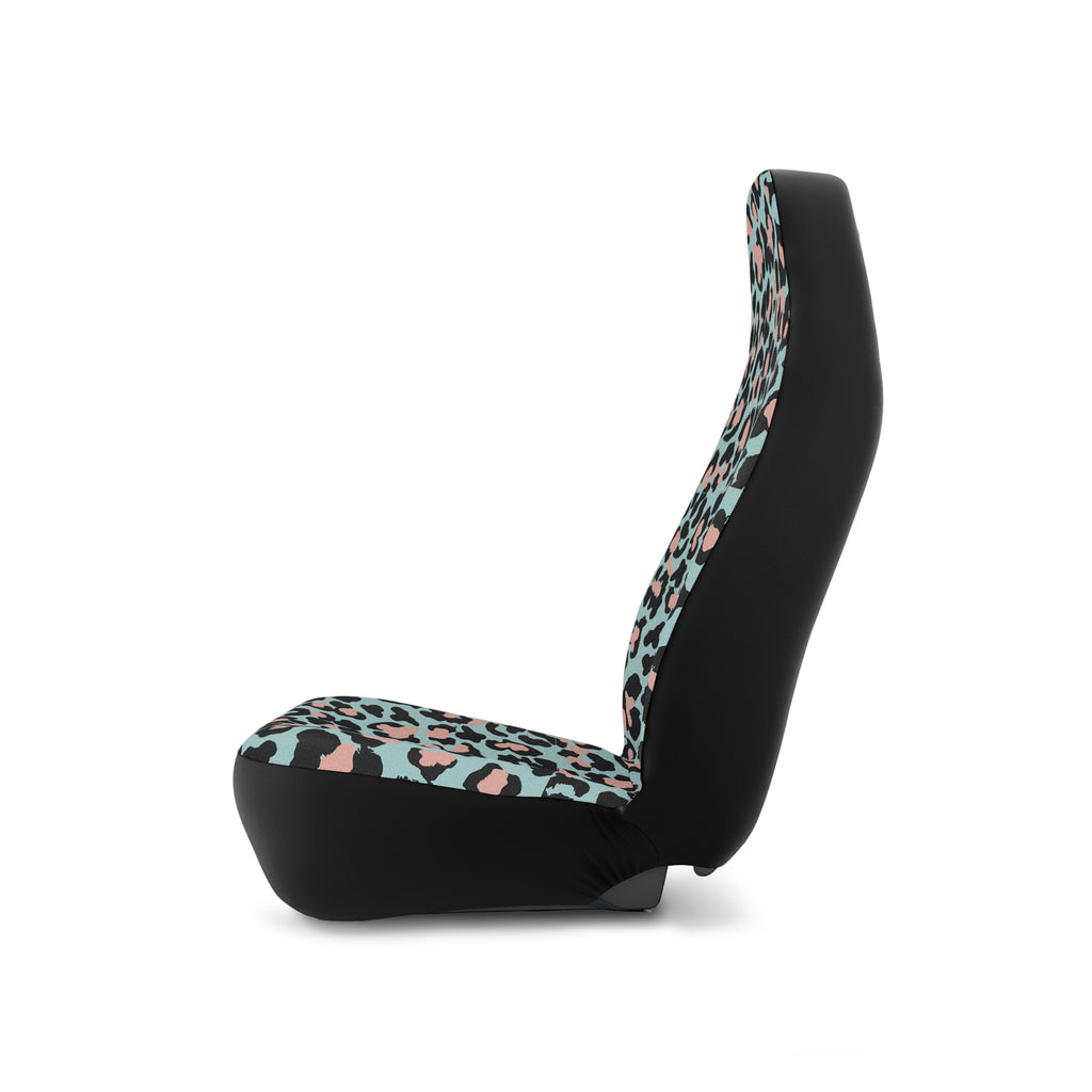 Pink blue leopard print car seat covers, on a seat, side view facing left