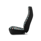 Pink blue leopard print car seat covers, on a seat, side view facing left
