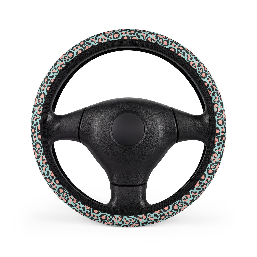 Pink blue leopard print steering wheel cover, front view