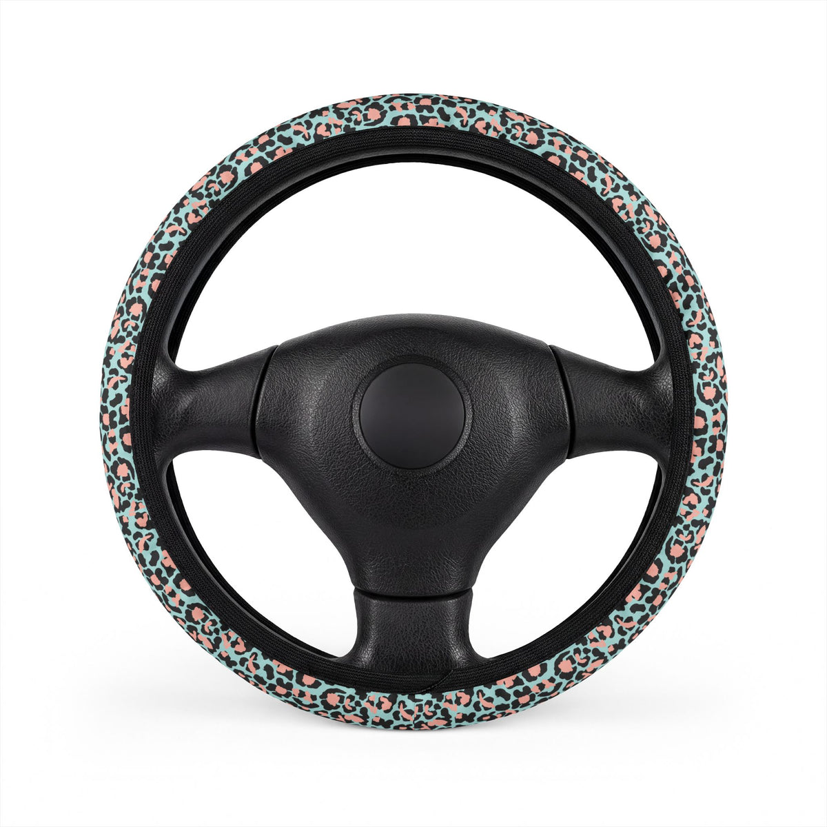 Pink blue leopard print steering wheel cover, front view