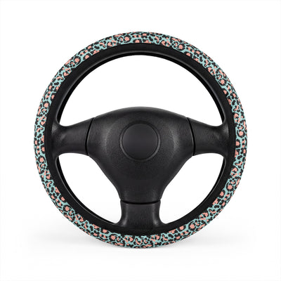 Pink blue leopard print steering wheel cover, front view