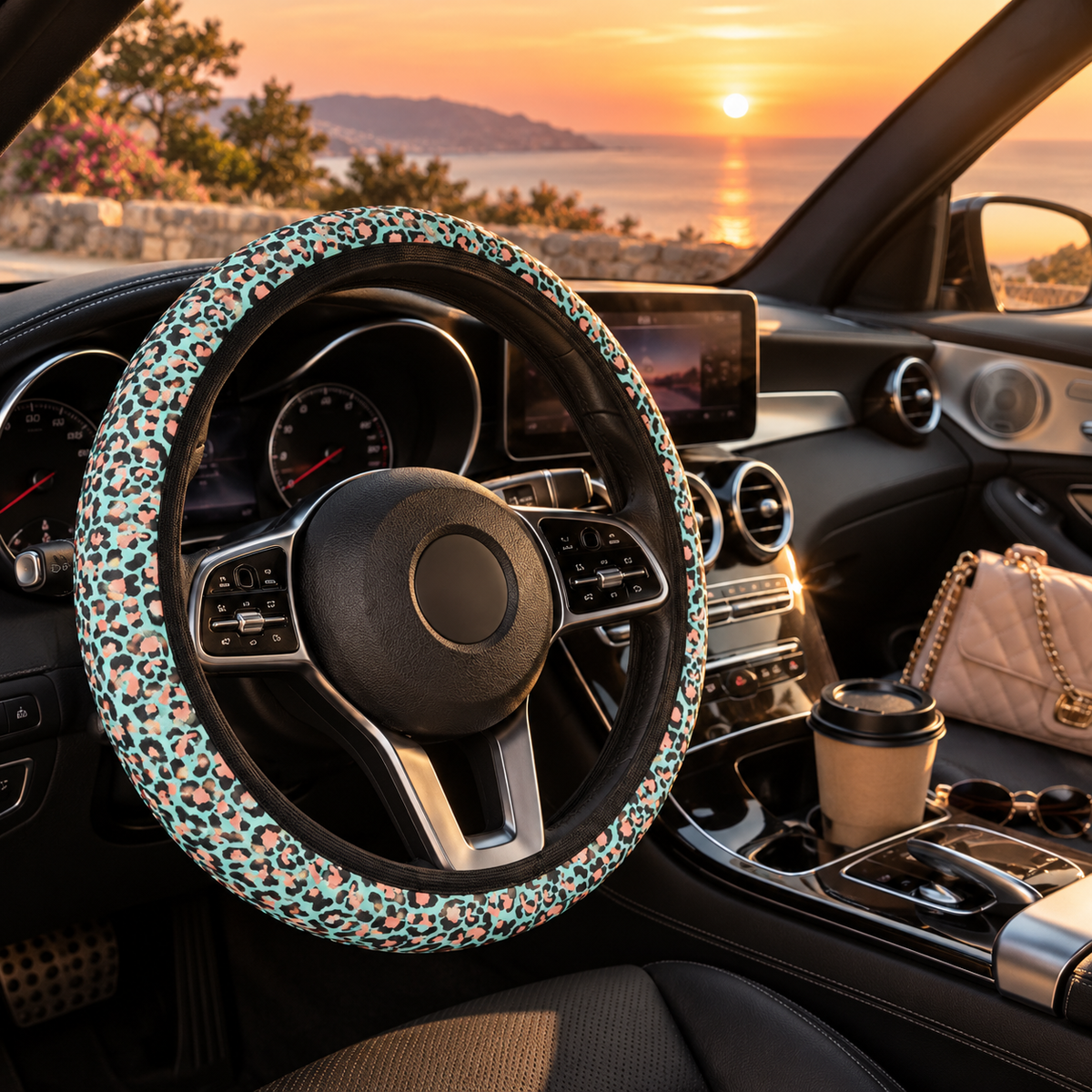 Pink blue leopard print steering wheel cover shown in a car interior