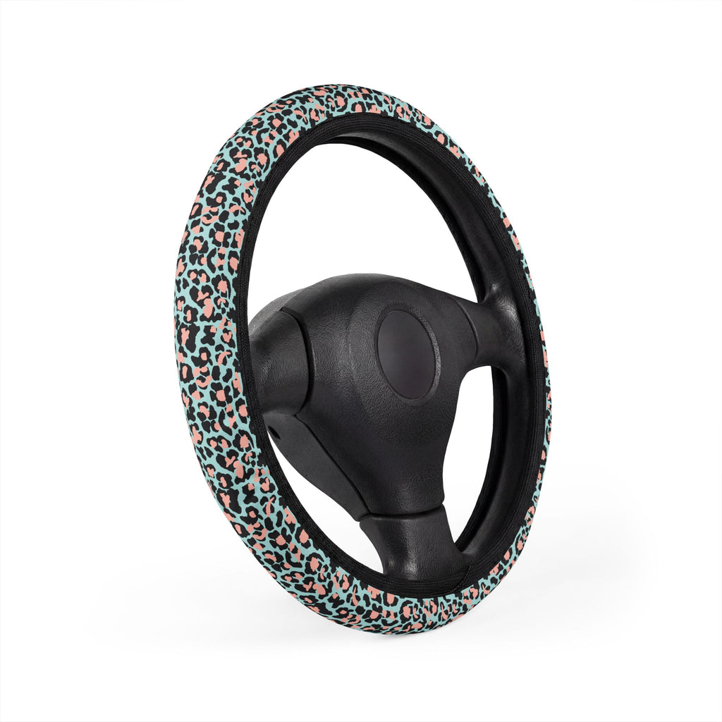 Pink blue leopard print steering wheel cover, product view 3