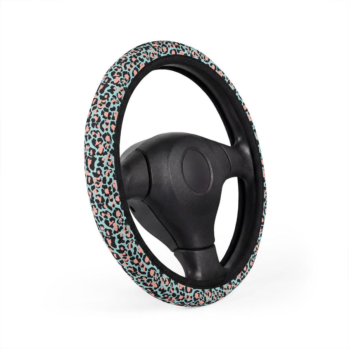 Pink blue leopard print steering wheel cover, product view 3