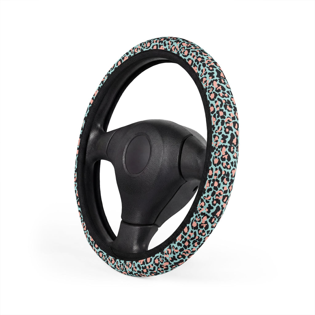Pink blue leopard print steering wheel cover, product view 4