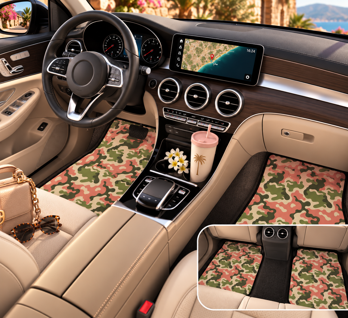 Pink camo car mats shown in a car interior