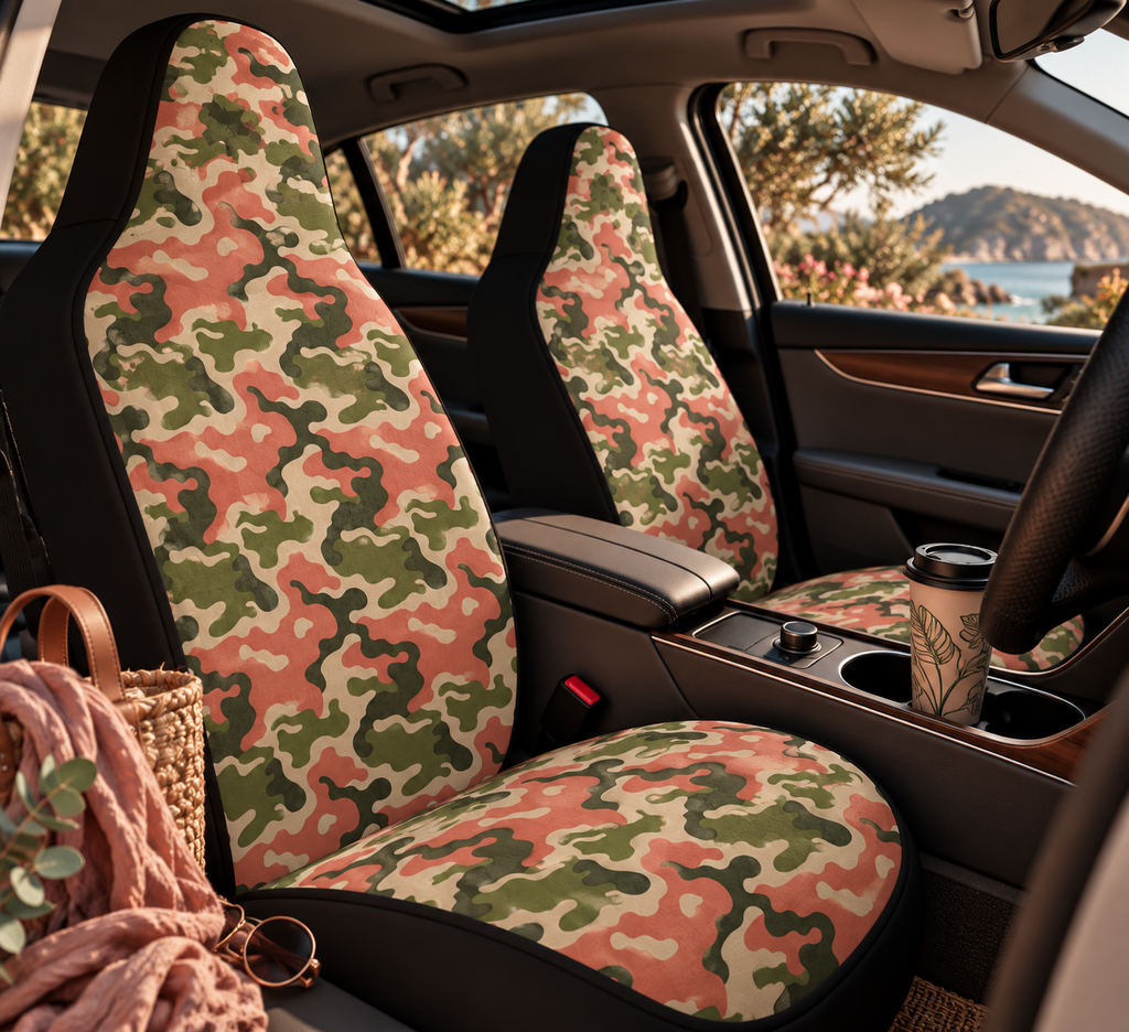 Pink camo car seat covers shown in a car interior