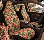 Pink camo car seat covers shown in a car interior