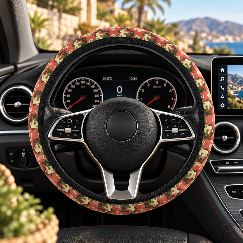 Pink camo steering wheel cover shown in a car interior
