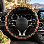 Pink camo steering wheel cover shown in a car interior