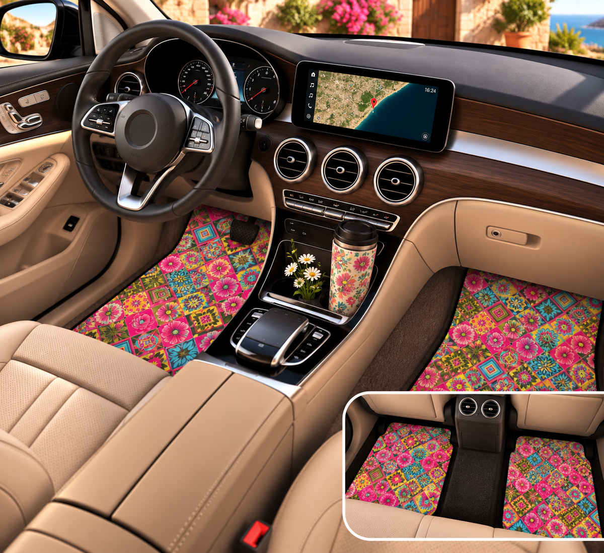 Pink floral car mats shown in a car interior