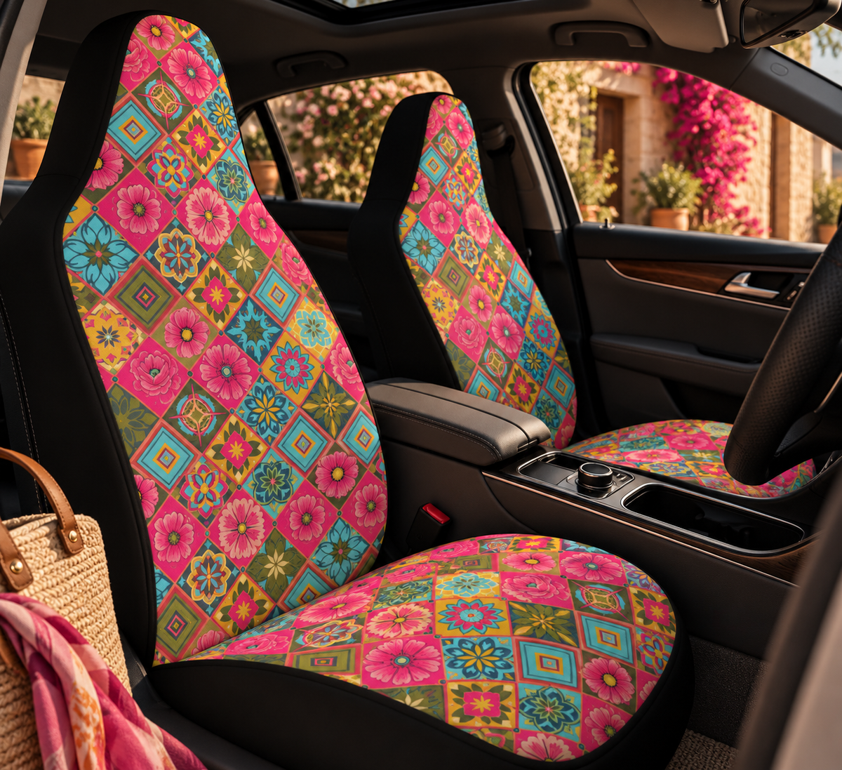 Pink floral car seat covers shown in a car interior