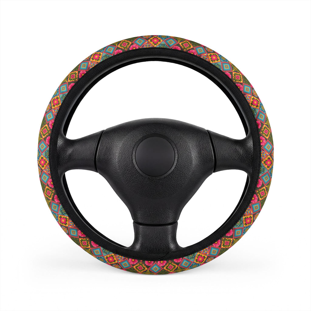 Pink floral steering wheel cover, on a steering wheel