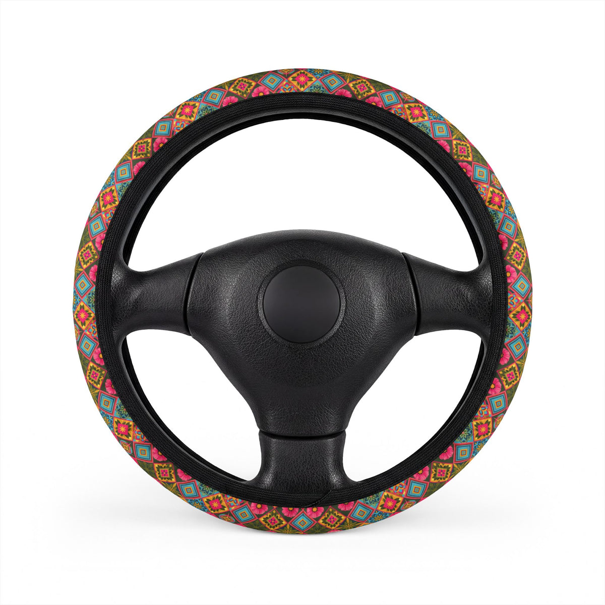 Pink floral steering wheel cover, on a steering wheel