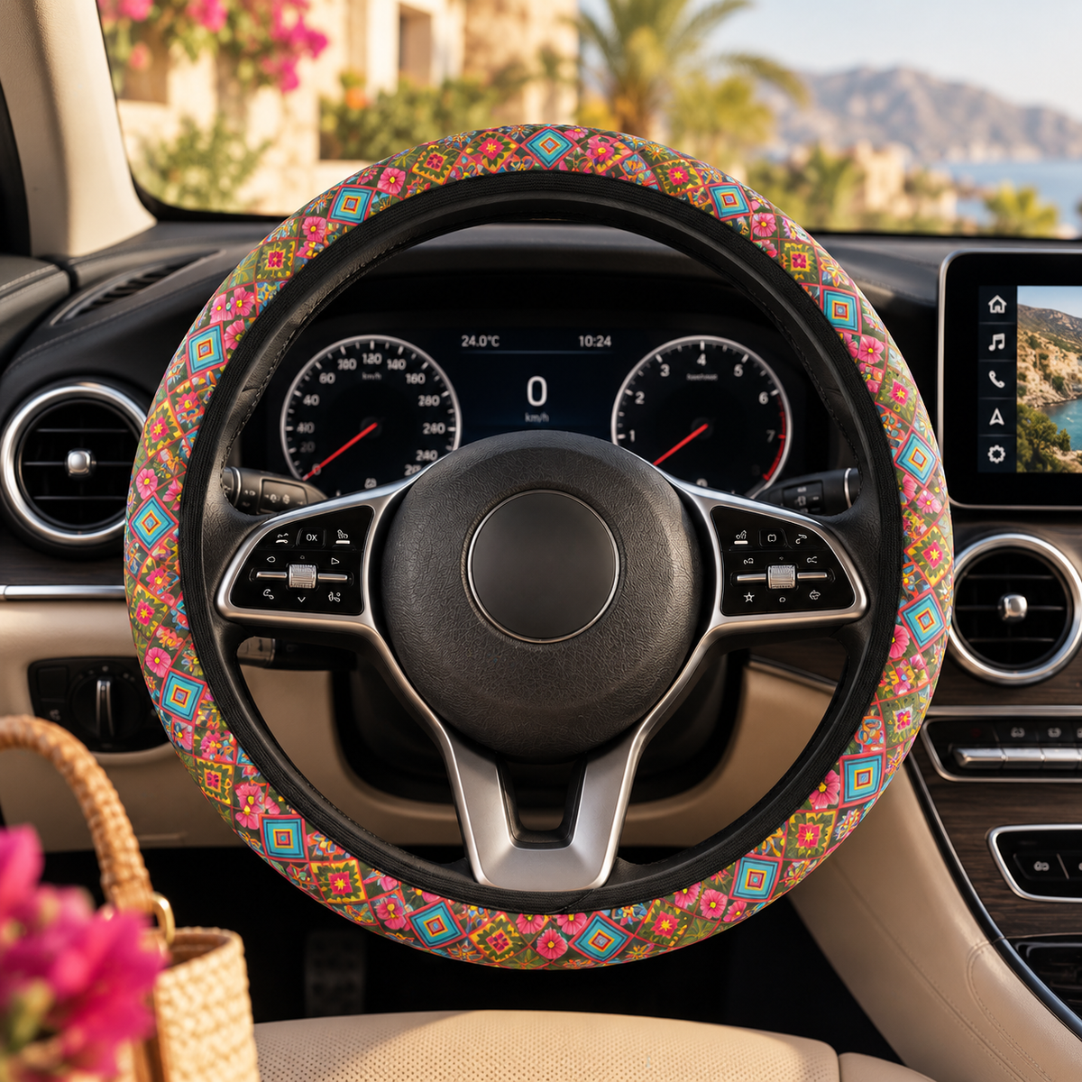 Pink floral steering wheel cover shown in a car interior