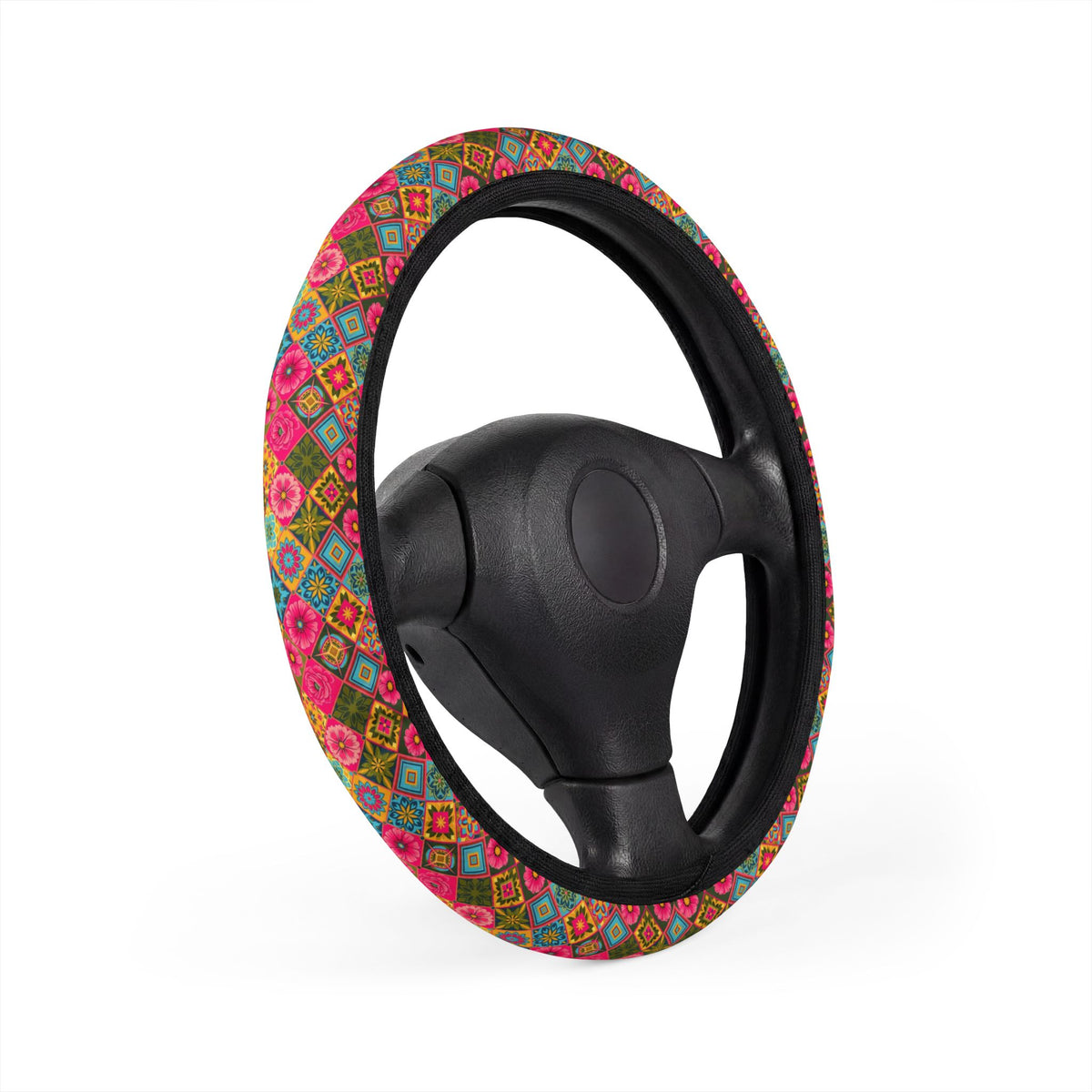 Pink floral steering wheel cover, product view 3