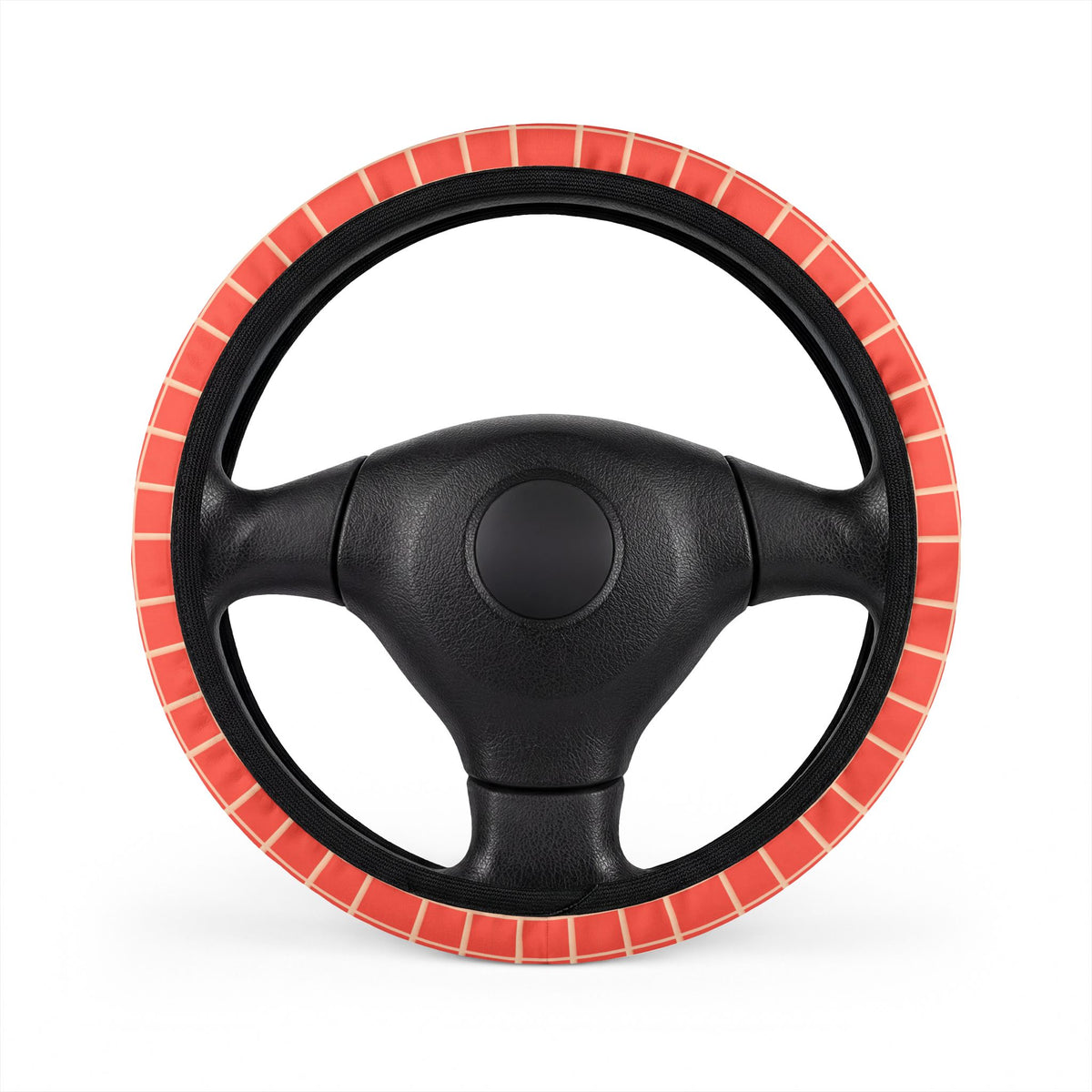 Pink gingham steering wheel cover, on a steering wheel