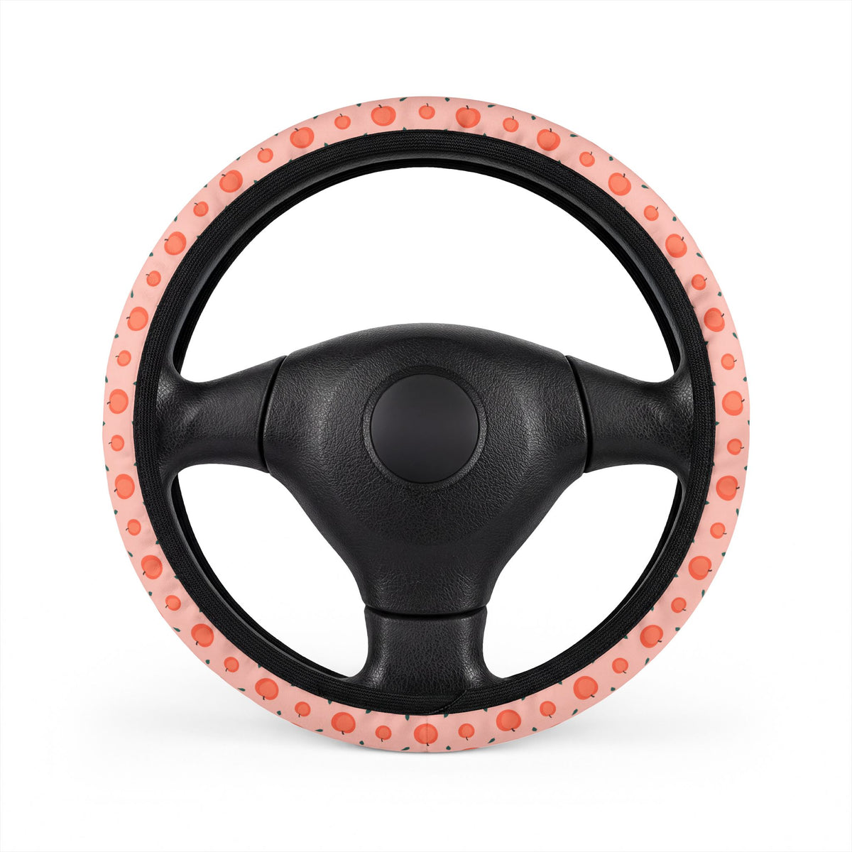 Pink peach print steering wheel cover, on a steering wheel
