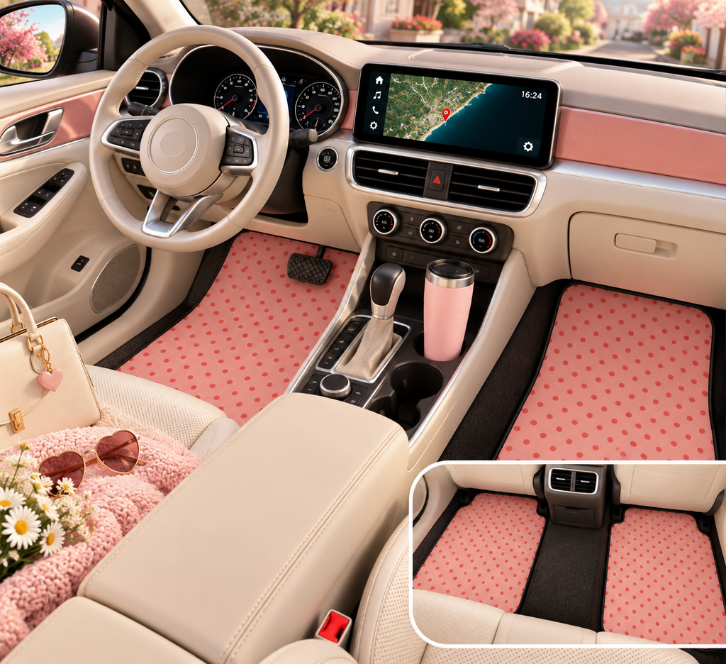 Pink polka dot car mats shown in a car interior