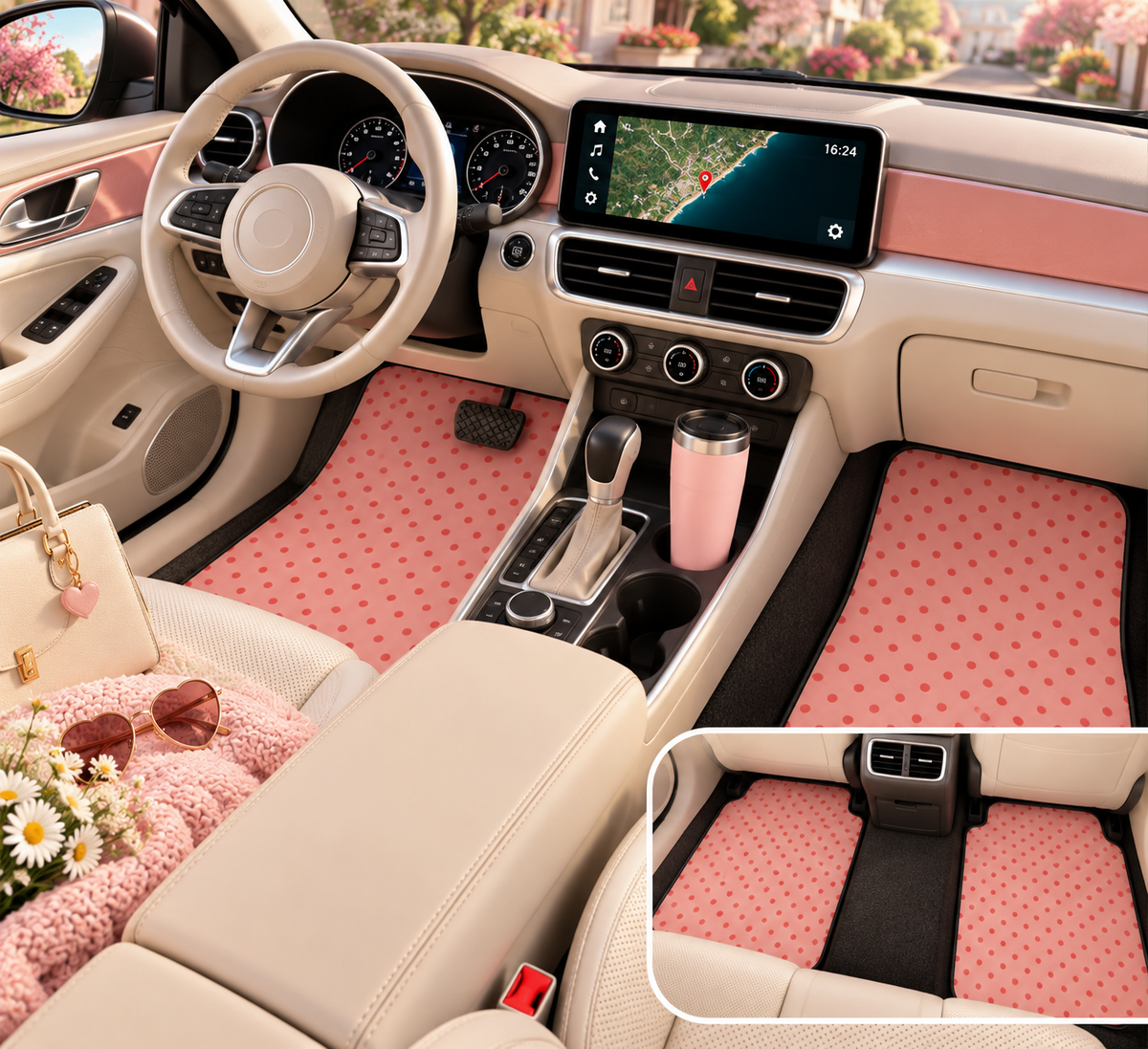 Pink polka dot car mats shown in a car interior