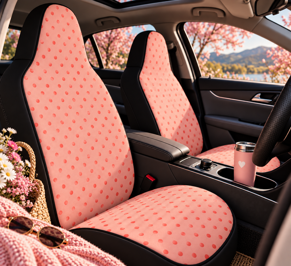 Pink polka dot car seat covers shown in a car interior