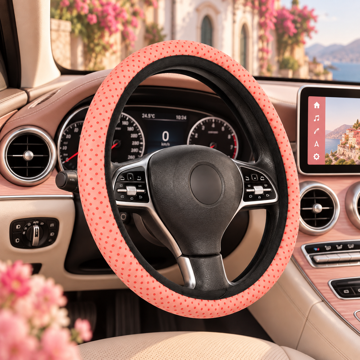 Pink polka dot steering wheel cover shown in a car interior